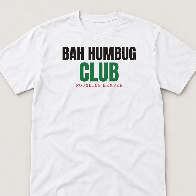 White tee printed with Bah Humbug Club