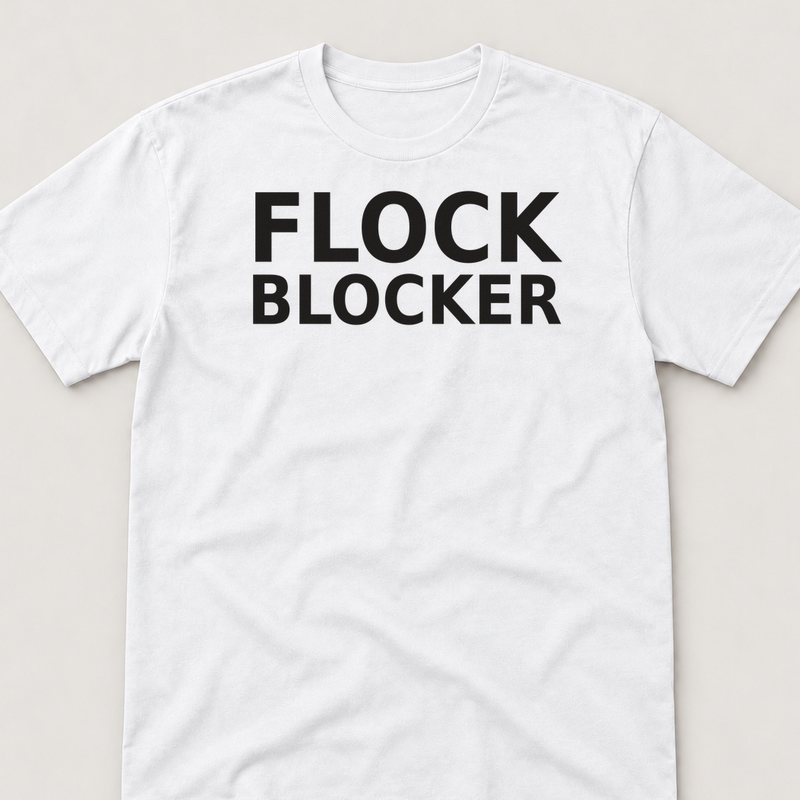 White tee printed with Flock Blocker