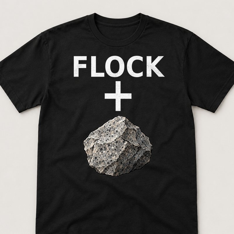 Black tee printed with Flock + Rock (color)