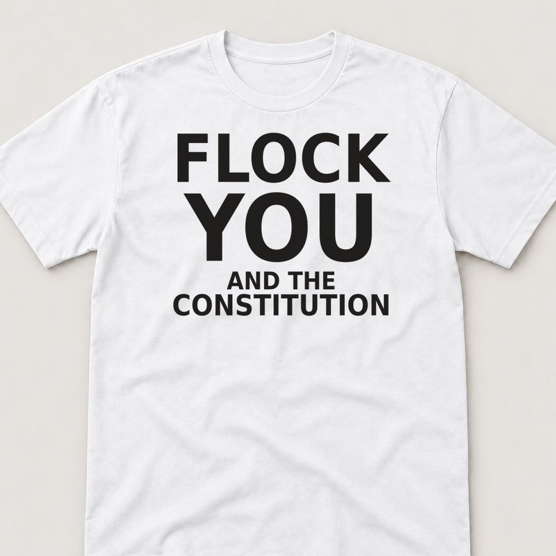 White tee printed with FLOCK YOU and the Constitution