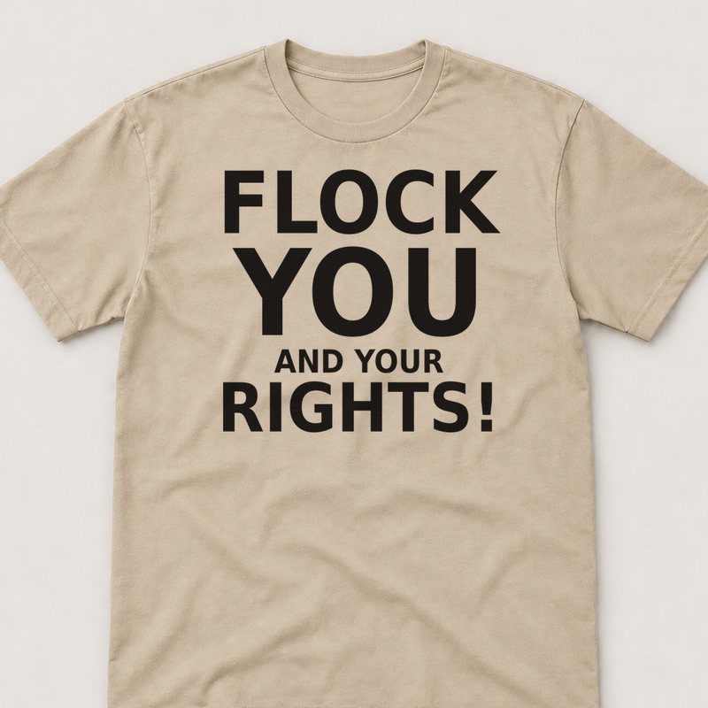 Sand tee printed with FLOCK YOU and Your Rights
