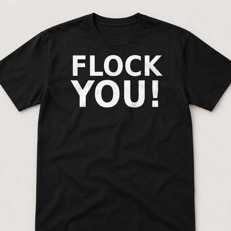 Black tee printed with FLOCK YOU!