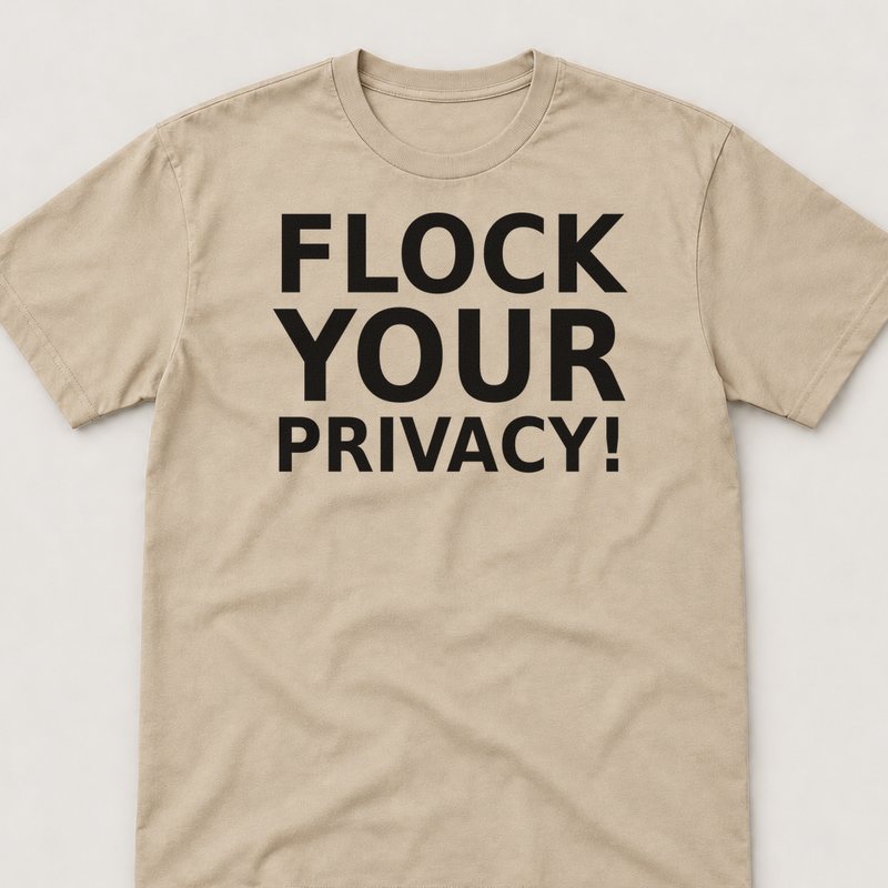Sand tee printed with Flock Your Privacy