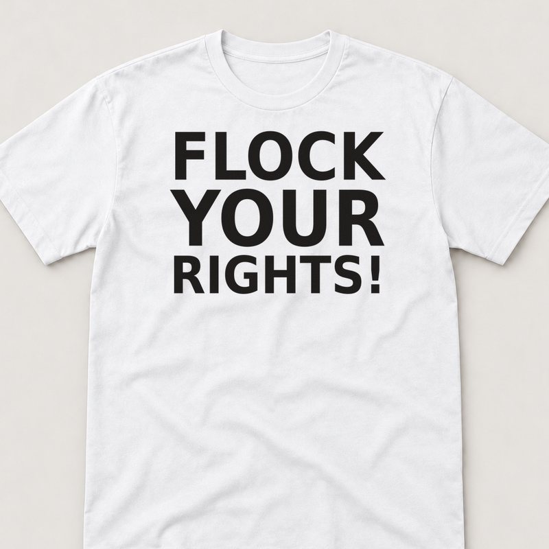 White tee printed with Flock Your Rights