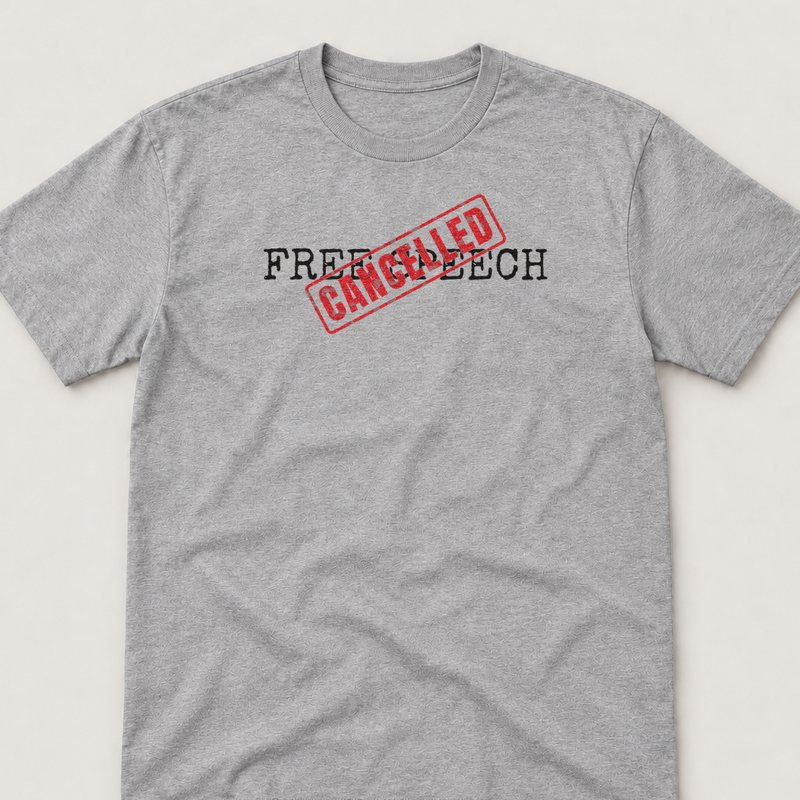 Sport Grey tee printed with FREE SPEECH: CANCELLED