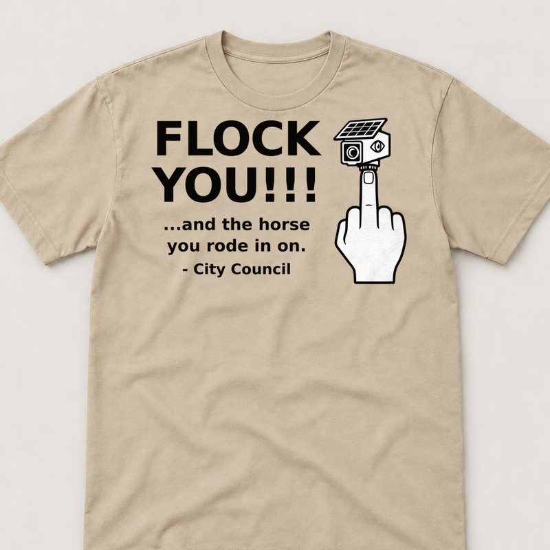 Sand tee printed with FLOCK YOU and the horse you rode in on
