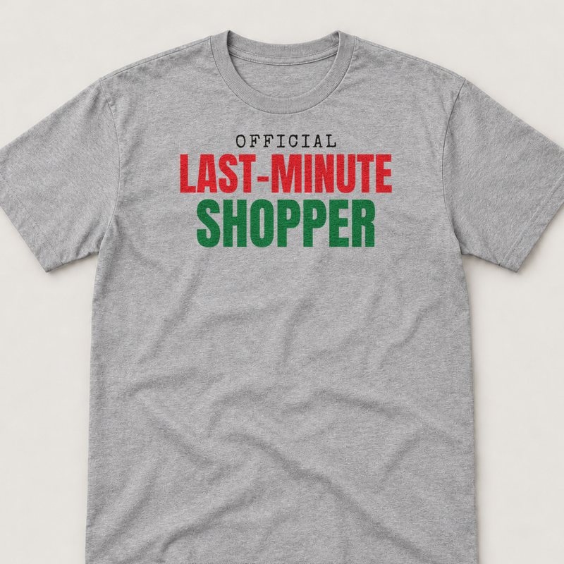 Sport Grey tee printed with Official Last-Minute Shopper