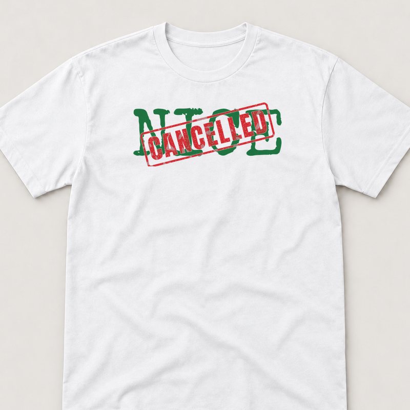 White tee printed with Nice: Cancelled