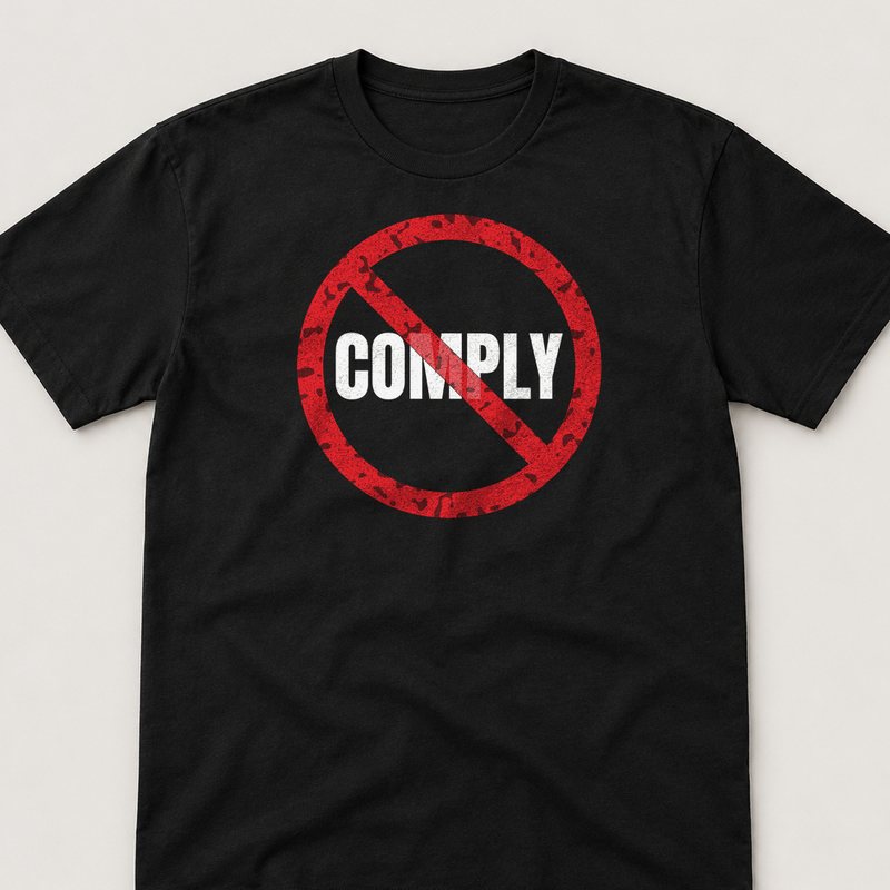 Black tee printed with COMPLY? NO.