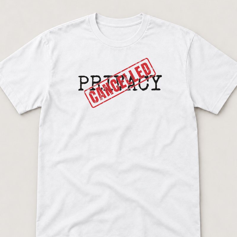 White tee printed with PRIVACY: CANCELLED