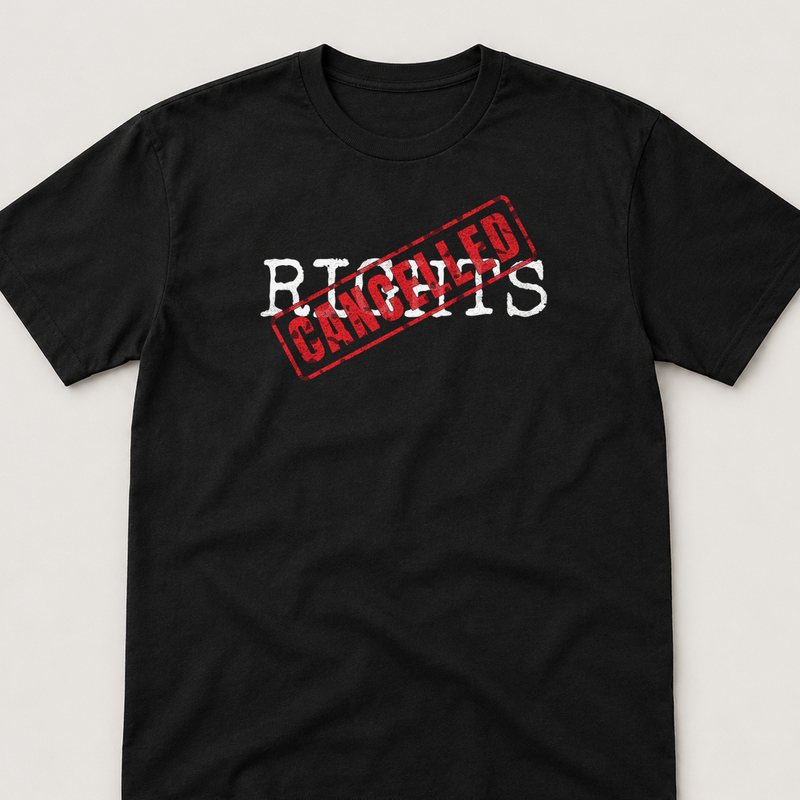 Black tee printed with RIGHTS: CANCELLED