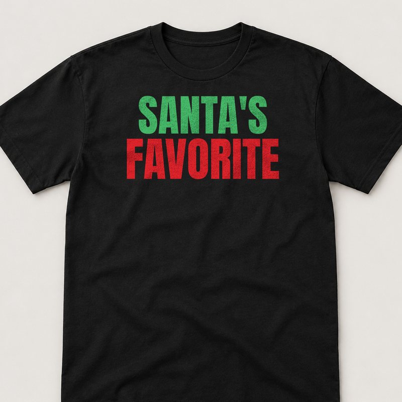 Black tee printed with Santa's Favorite