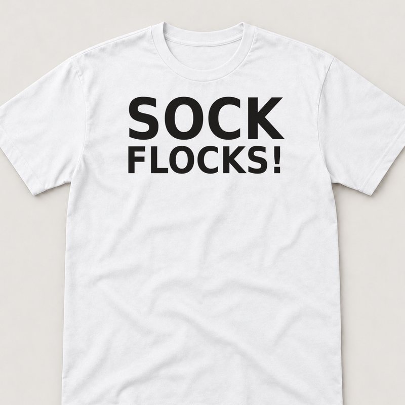 White tee printed with Sock Flocks!