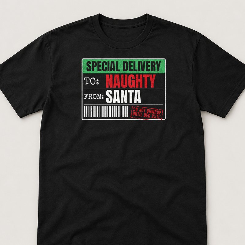 Black tee printed with Special Delivery: To Naughty, From Santa
