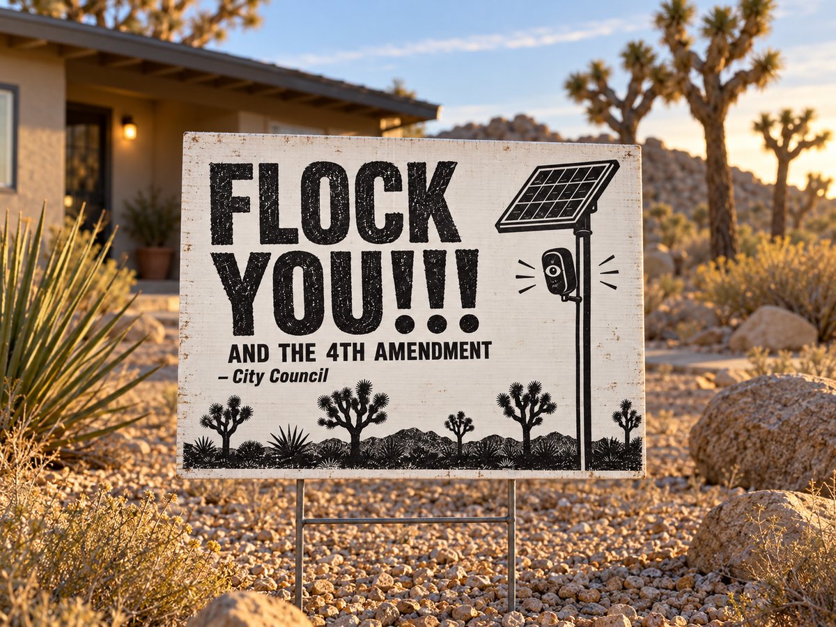 FLOCK YOU vintage Joshua Tree yard sign standing in a high-desert front yard